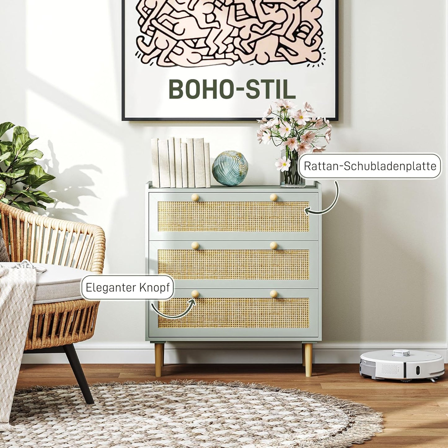 HOMCOM Kommode Beistellschrank mit 3 Schubladen, Sideboard mit Boho-Stil, Rattanoptik, Schubladenkommode für Wohnzimmer, Schlafzimmer, Hellblau 80 x 40 x 87.5 cm - QUORE