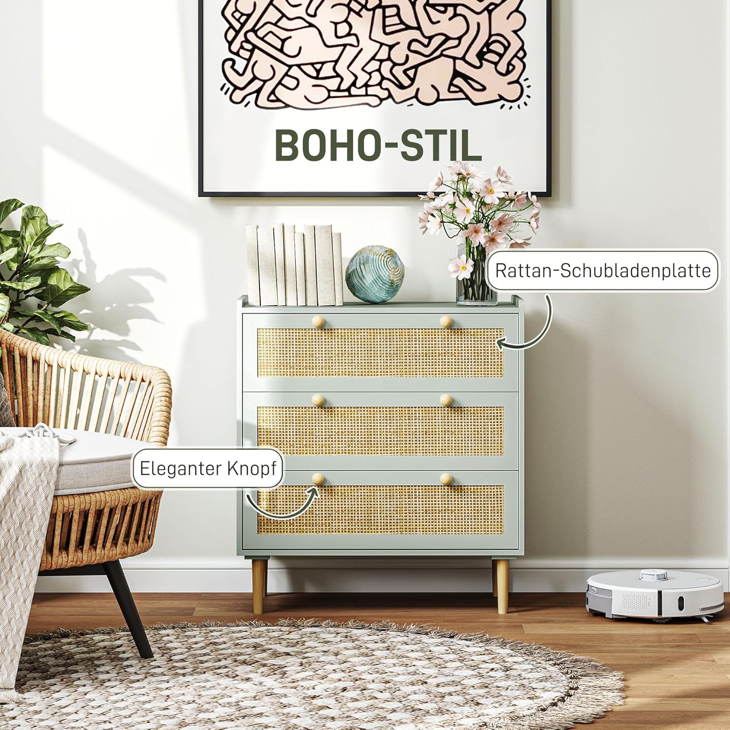 HOMCOM Kommode Beistellschrank mit 3 Schubladen, Sideboard mit Boho-Stil, Rattanoptik, Schubladenkommode für Wohnzimmer, Schlafzimmer, Hellblau 80 x 40 x 87.5 cm - QUORE