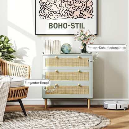 HOMCOM Kommode Beistellschrank mit 3 Schubladen, Sideboard mit Boho-Stil, Rattanoptik, Schubladenkommode für Wohnzimmer, Schlafzimmer, Hellblau 80 x 40 x 87.5 cm - QUORE