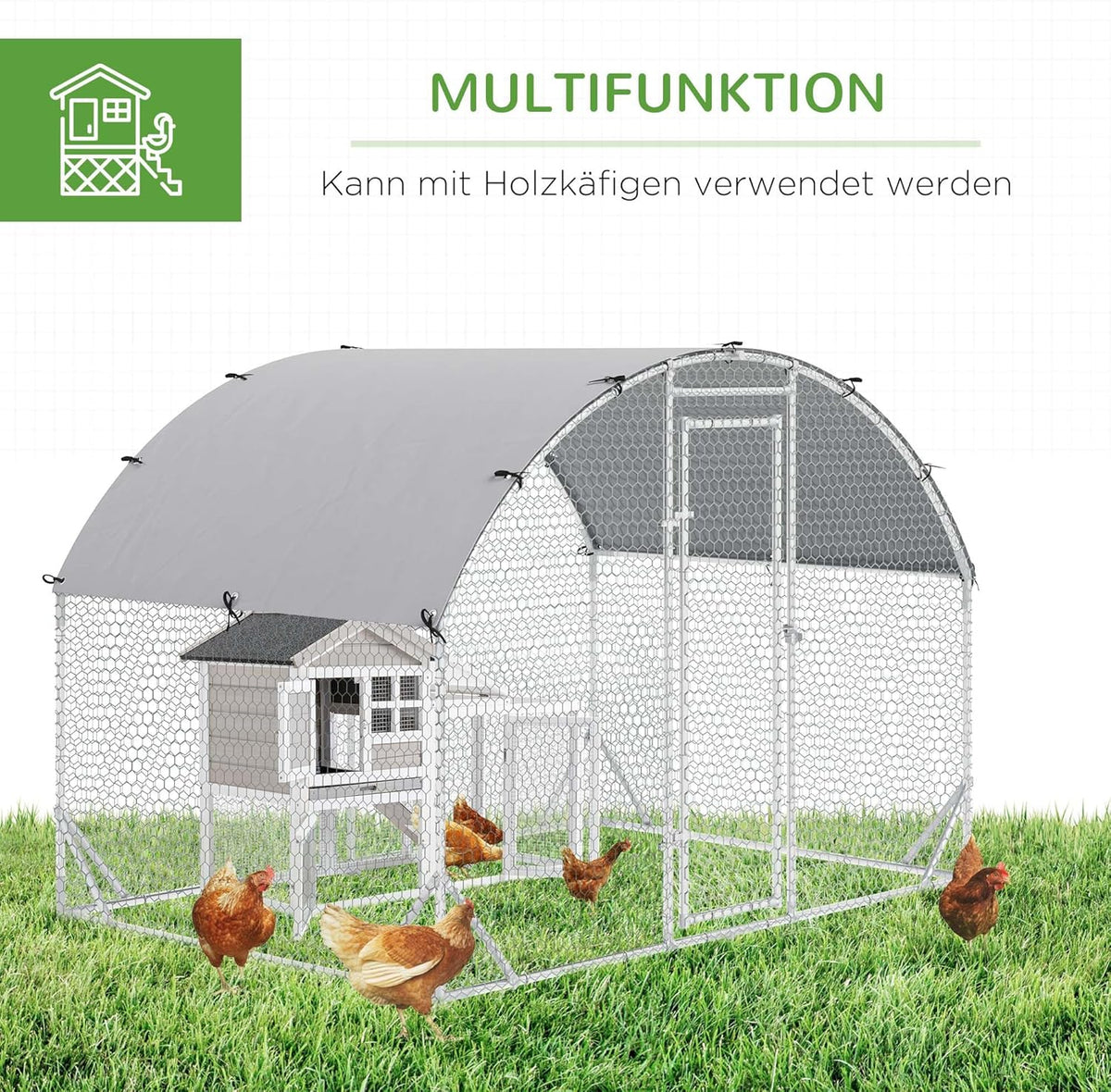 PawHut Chicken Coop Free Run Made of Steel, 280 x 190 x 197 cm, Chicken Coop with UV Resistant Cover, Door Chicken Coop for 4-6 Chickens, Small Animals, Silver