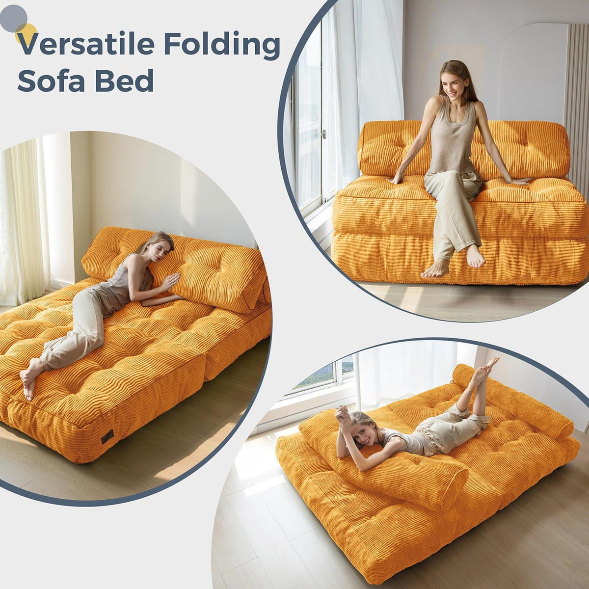 MAXYOYO Folding Sofa Bed, Convertible Sleeping Chair with Pillow, Mattress with Back Support, Portable Chair Bed, Comfortable Lounge for Living Room, Bedroom, Orange, Double