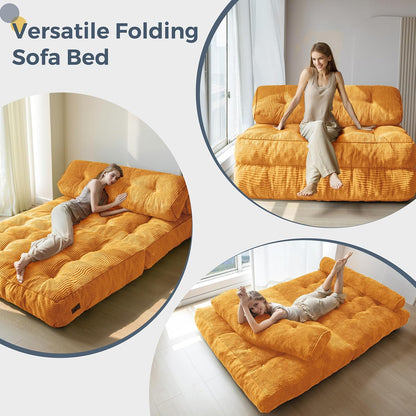 MAXYOYO Folding Sofa Bed, Convertible Sleeping Chair with Pillow, Mattress with Back Support, Portable Chair Bed, Comfortable Lounge for Living Room, Bedroom, Orange, Double