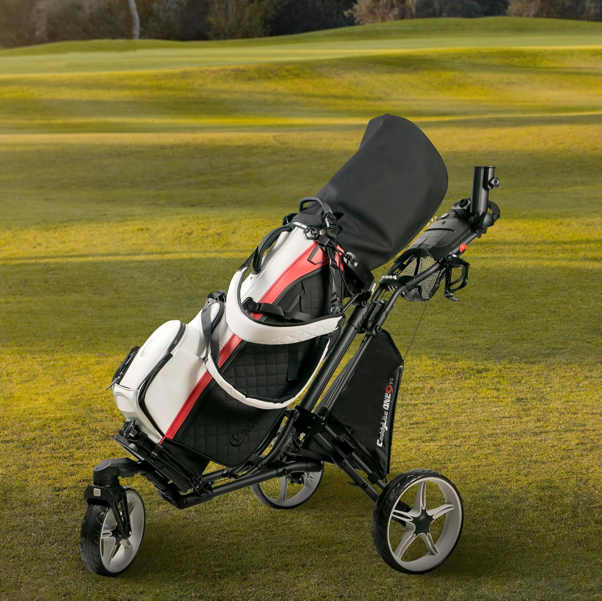 Caddytek CaddyLite One Swivel versie 8 golftrolley, 3-wielen, 360° zwenkbaar voorwiel, inklapbaar met één klik, lichtgewicht, verstelbare duwbeugel