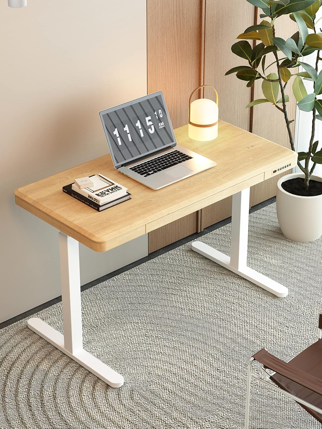 KOWO Electric Standing Desk with Drawers, USB-C Hub and Wireless Charger, Sit-Stand Desk, Adjustable Table, Home Office, Computer Table with Storage Space, 120 cm (L) Maple Wood - QUORE