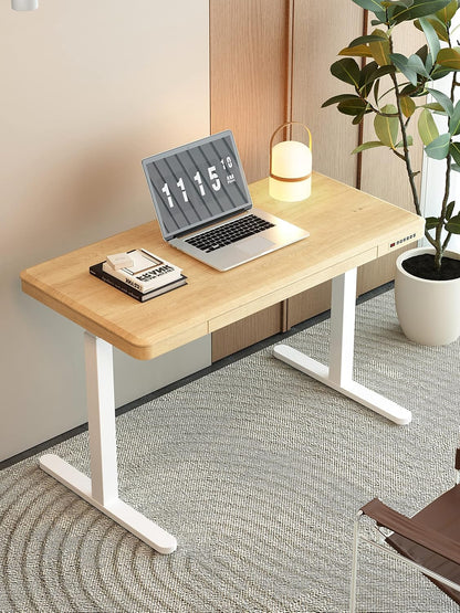 KOWO Electric Standing Desk with Drawers, USB-C Hub and Wireless Charger, Sit-Stand Desk, Adjustable Table, Home Office, Computer Table with Storage Space, 120 cm (L) Maple Wood - QUORE