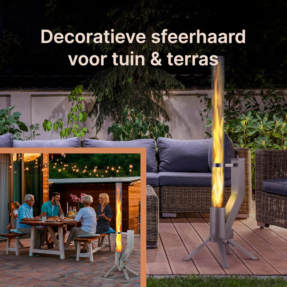 Fire tube, stainless steel fire column and pellet torch for a great atmospheric fire, elegant patio heater and garden fireplace, alternative to your patio and garden, silver - QUORE