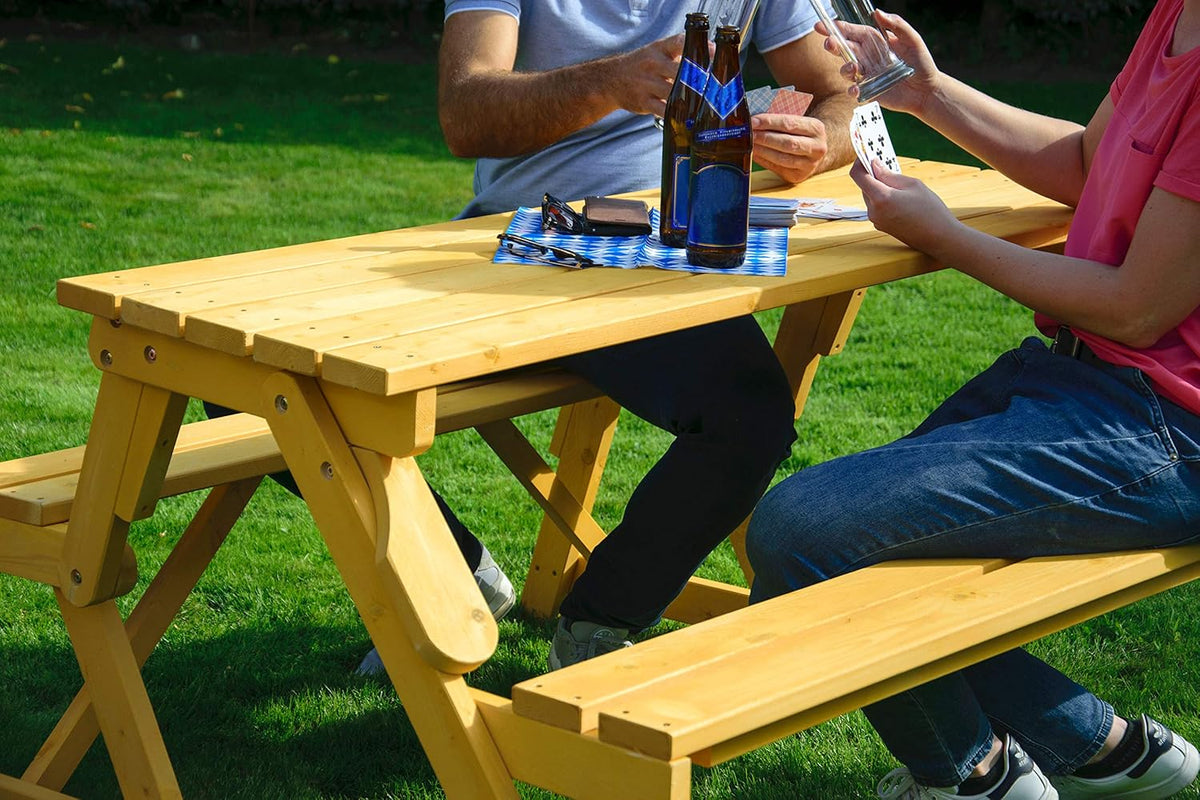 dobar® 29301FSCe Picknickbank, 2-in-1, groot, multifunctionele tuinbank, massief hout, zitbank en tafel voor 4 personen, outdoor zitmeubel, 138 x 144 x 77 cm, naturel