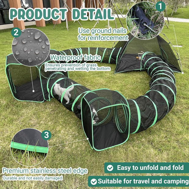 6-in-1 Kattentent - Kattenverblijf - Kattententen - Opvouwbaar - Draagbare Catiotent - met 1 Koepeltent - 3 Tunnelen - 3 Tenten - Buitenkattenbox - voor Katten - Konijnen - Andere Dieren - Polyester - Zwart/Groen