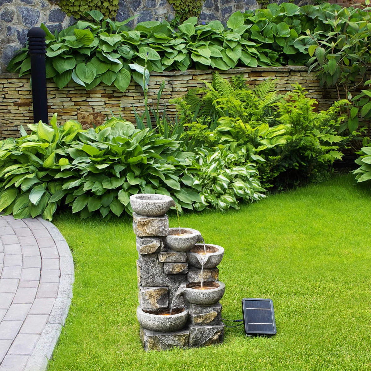 Teamson Home Buiten Tuin Water Fontein Met Lichten - Zonne-Energie - Waterornament - 4 Kommen Ontwerp - Waterval - Tuindecoratie - Binnen & Buitenhuis - Met Pomp - 43.2 x 30.5 x 68.6 (cm)