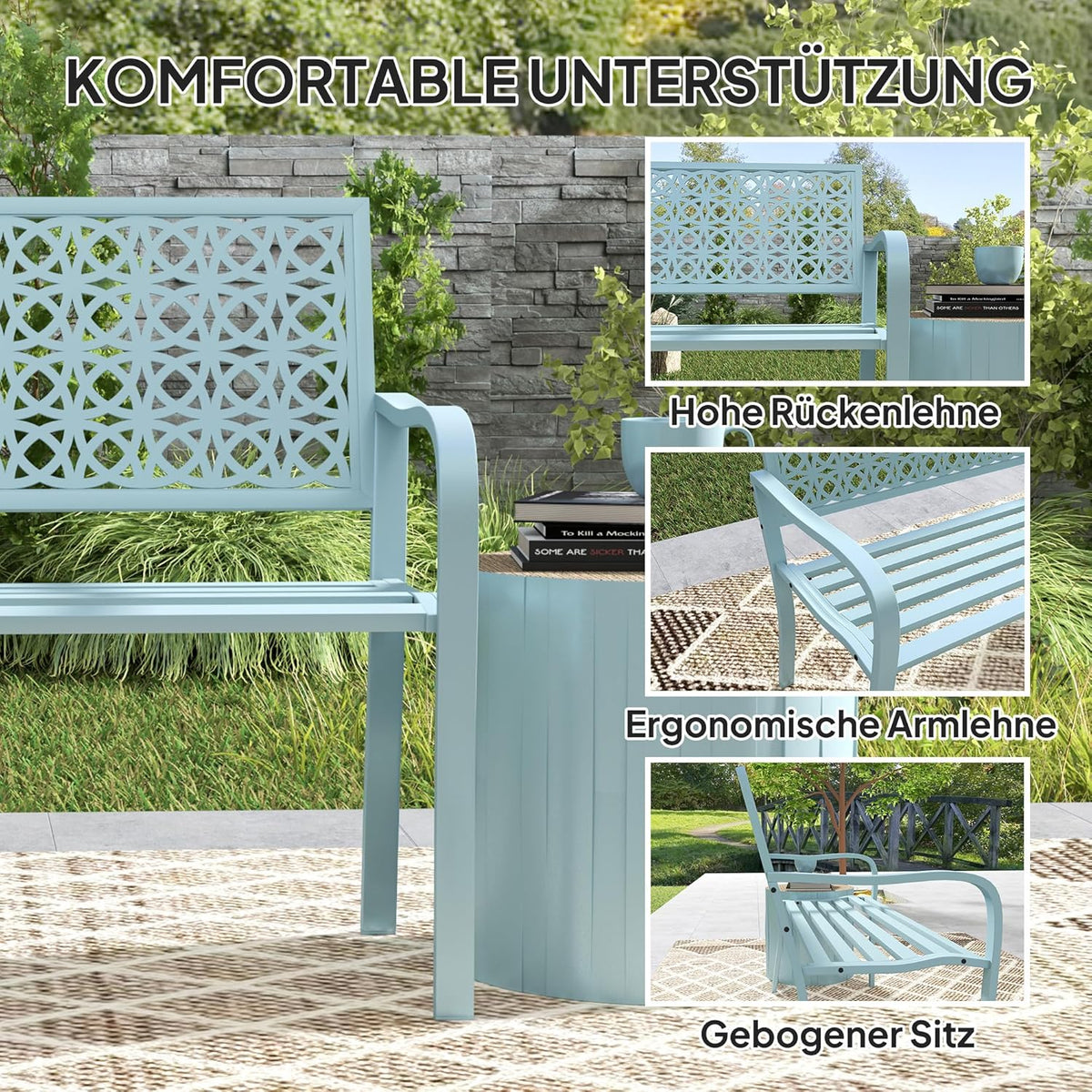 Outsunny 2-Sitzer Gartenbank, wetterfest Sitzbank, Gartenmöbel mit Rücken- & Armlehnen, Park bench 240 kg load bar, Balcony Bench for Balcony Terrasse, Garten, 127 x 63 x 85 cm, Blau - QUORE