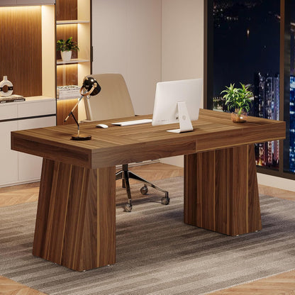 Tribesigns 55 inch Executive Desk, Mid-Century Modern Home Office Desk with Double Trapezoid Base, Wooden Computer Desk Business Workstation Desk Small Conference Table, Brown