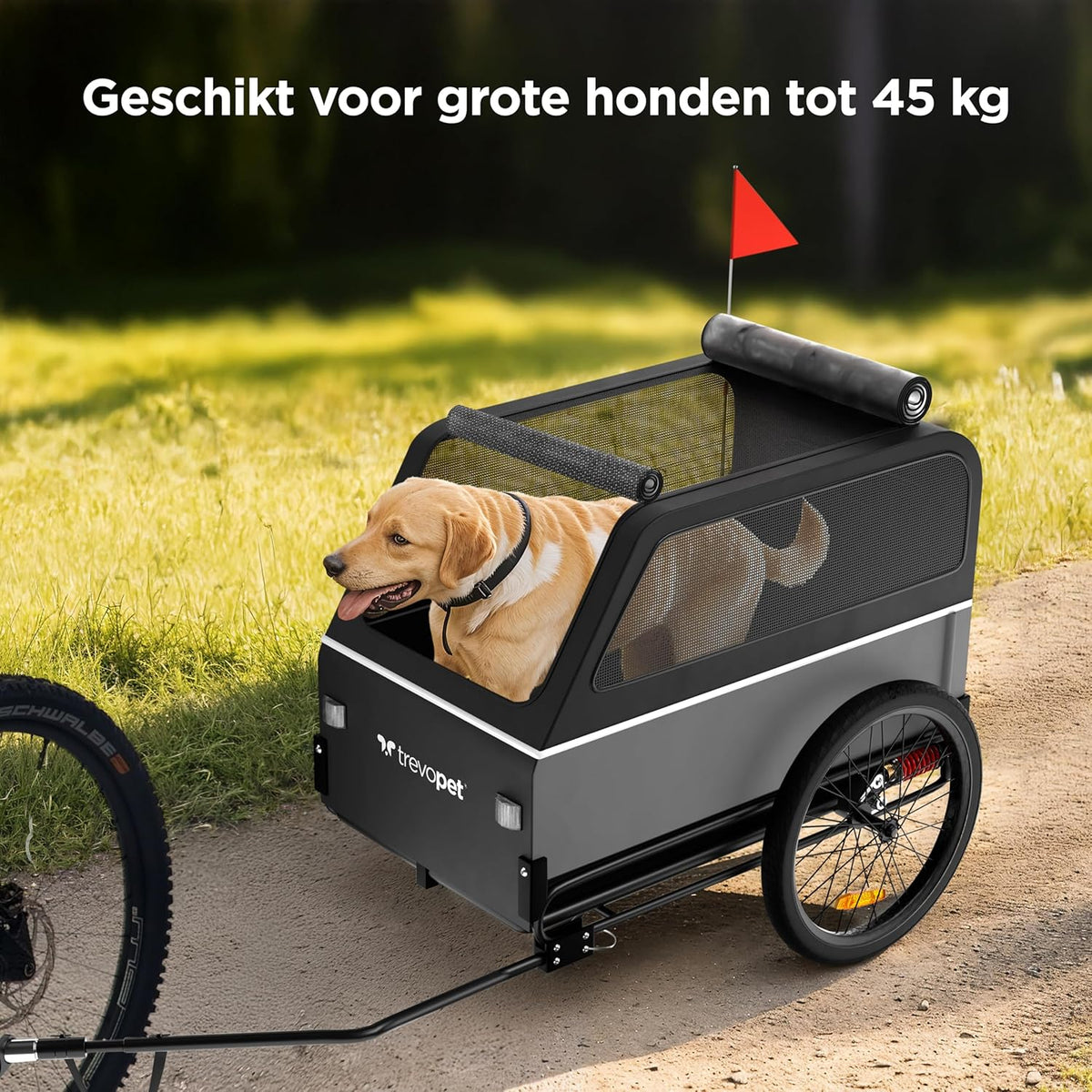 Hondenfietskar XL – Opvouwbare fietskar voor grote hond (tot 45 kg) – Waterdicht, met vering, oprijplaat & comfortabele ruimte – Geschikt voor e-bike