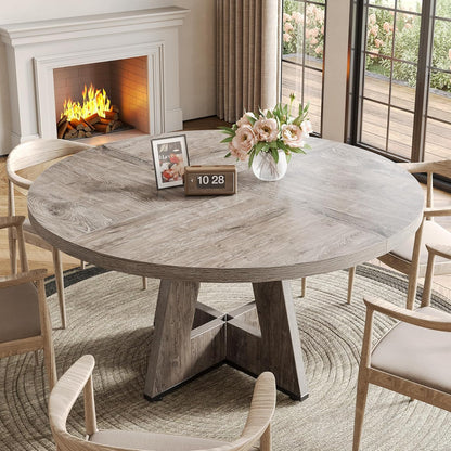LITTLE TREE Ronde eettafel voor 4-6 personen, 117 cm eetkamertafel met houten voetstuk basis, grijze eettafel, cirkel keukentafel voor eetkamer, keuken, woonkamer (alleen tafel)