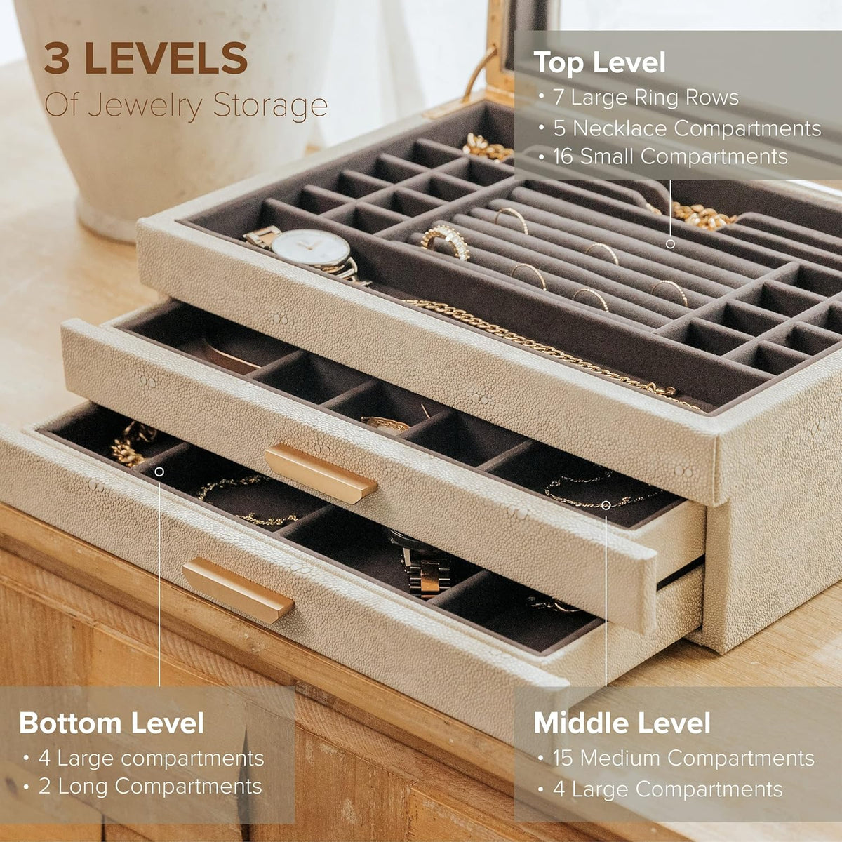 CASE ELEGANCE - Grote 3 Tier Sieraden Box, Opbergkoffer Organizer voor Vrouwen, Glazen Deksel voor Oorbellen Armbanden Ringen Kettingen, Vegan Leer, Fluwelen Gevoerde Sieraden Doos, Messing Hardware