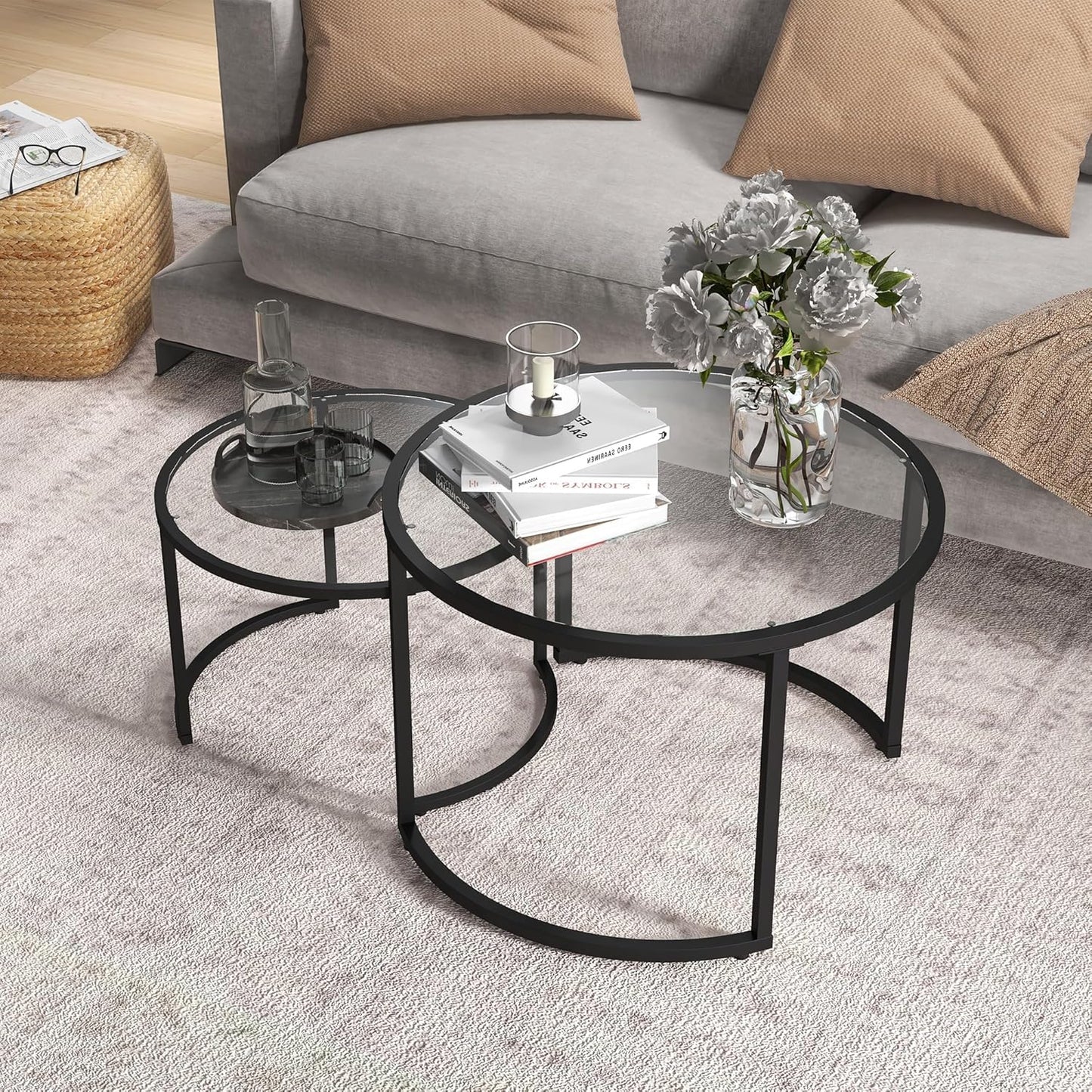 HOMCOM Coffee Table Set of 2, Side Table with Black Steel Frame, Coffee Table with Glass Tabletop, Partially Stackable, for Living Room, Bedroom - QUORE