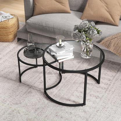 HOMCOM Coffee Table Set of 2, Side Table with Black Steel Frame, Coffee Table with Glass Tabletop, Partially Stackable, for Living Room, Bedroom - QUORE
