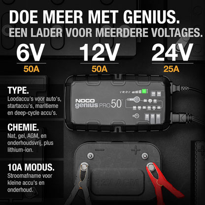 NOCO GENIUSPRO50, 50A Automatische Professionele Oplader, 6V, 12V en 24V Batterijlader, AGM, SLA, Gel en Lithium Auto-Acculader, Onderhoudslader, Druppellader en Desulfator - Auto, Boot, SUV, Camper