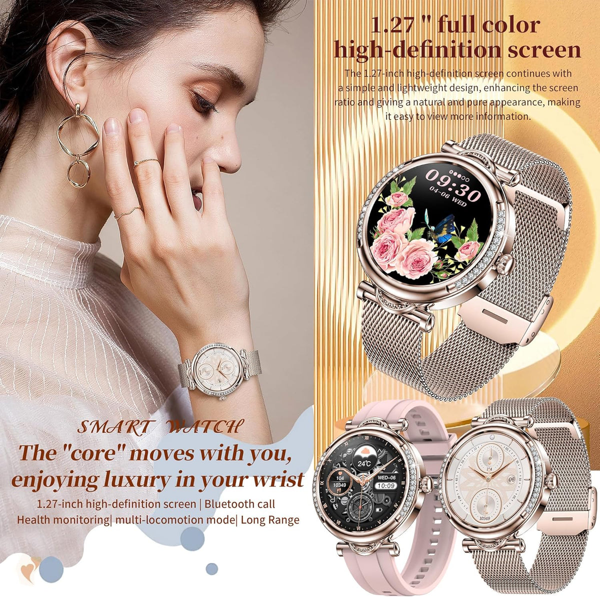 Smartwatch Damen met Bellen/Kiezen via Bluetooth, 1,27” Smart Watch voor Damens con Diamanti, Slaapmonitor Menstruatie Volgen Calorie Stappenteller Stopwatch Activity-Armband voor Android iOS (Goud)