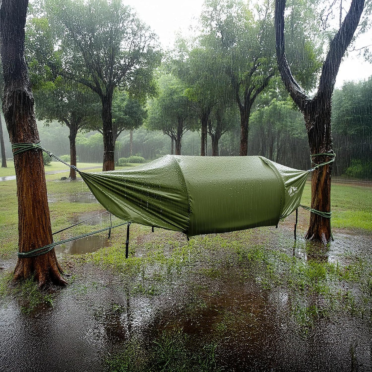Night Cat Lay Flat Hammock: Flat Bottom with Mosquito Net Waterproof Rain Fly for 1 Person Camping in Garden Backyard Wild (Camouflage)