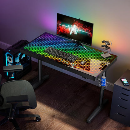 EUREKA ERGONOMIC Glazen gamingtafel met RGB 110 x 60 cm gaming bureau glas gamer PC computertafel met muzieksynchronisatie, app-bediening, hoofdtelefoonhaak, bekerhouder