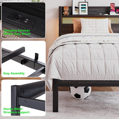 90 x 200 cm Metalen bedframe met hoofdeinde en laadstation/ledverlichting, metalen bedframe, sterk stalen lattenrooster, rustiek bruin
