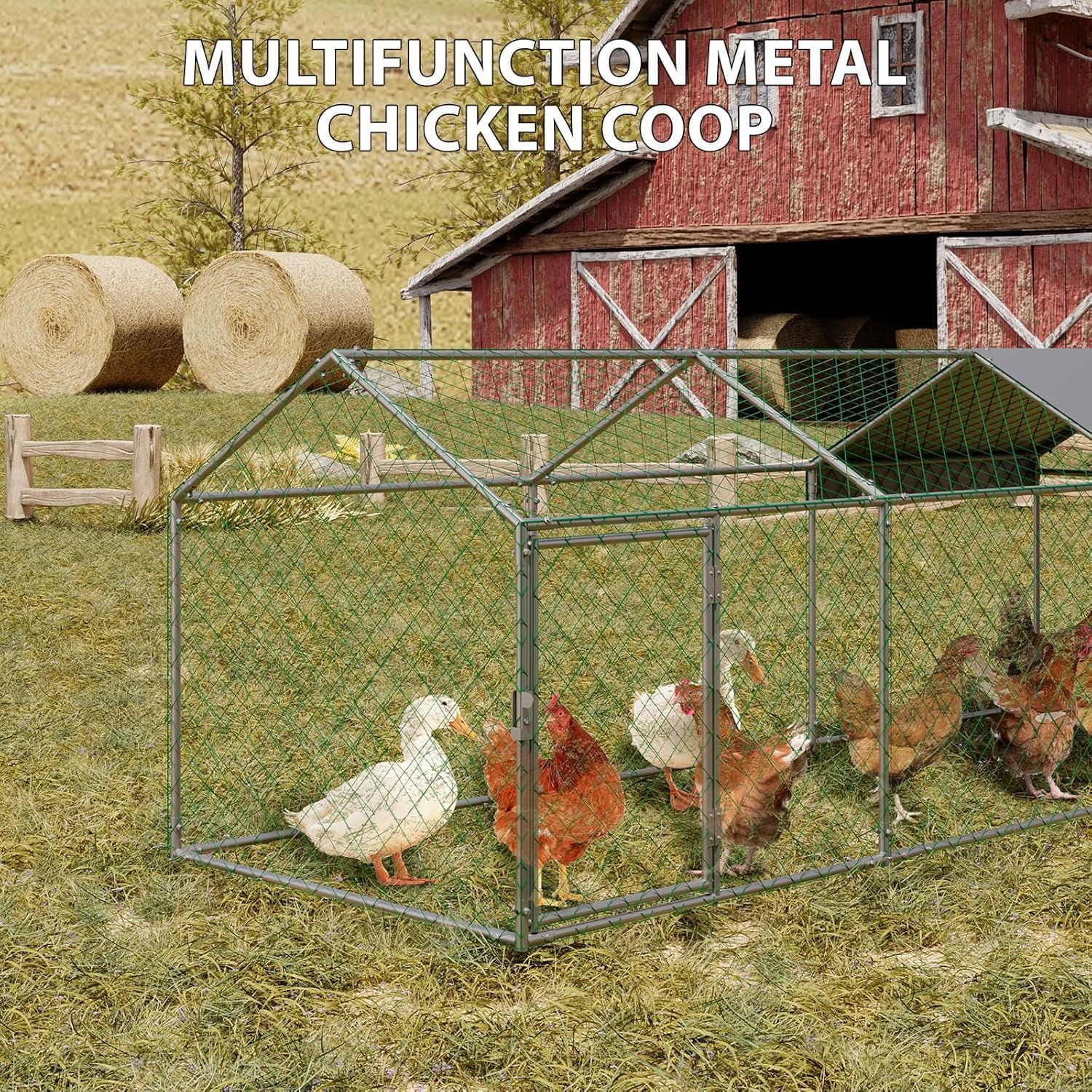 Zstar Large Chicken Coop, 304 x 100 x 100 cm, Galvanised Steel Roof Poultry House, with Sun Roof and Door, Small Animal House, Free Running for Chickens, Rabbits and Ducks in the Backyard, Silver - QUORE