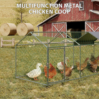 Zstar Large Chicken Coop, 304 x 100 x 100 cm, Galvanised Steel Roof Poultry House, with Sun Roof and Door, Small Animal House, Free Running for Chickens, Rabbits and Ducks in the Backyard, Silver - QUORE