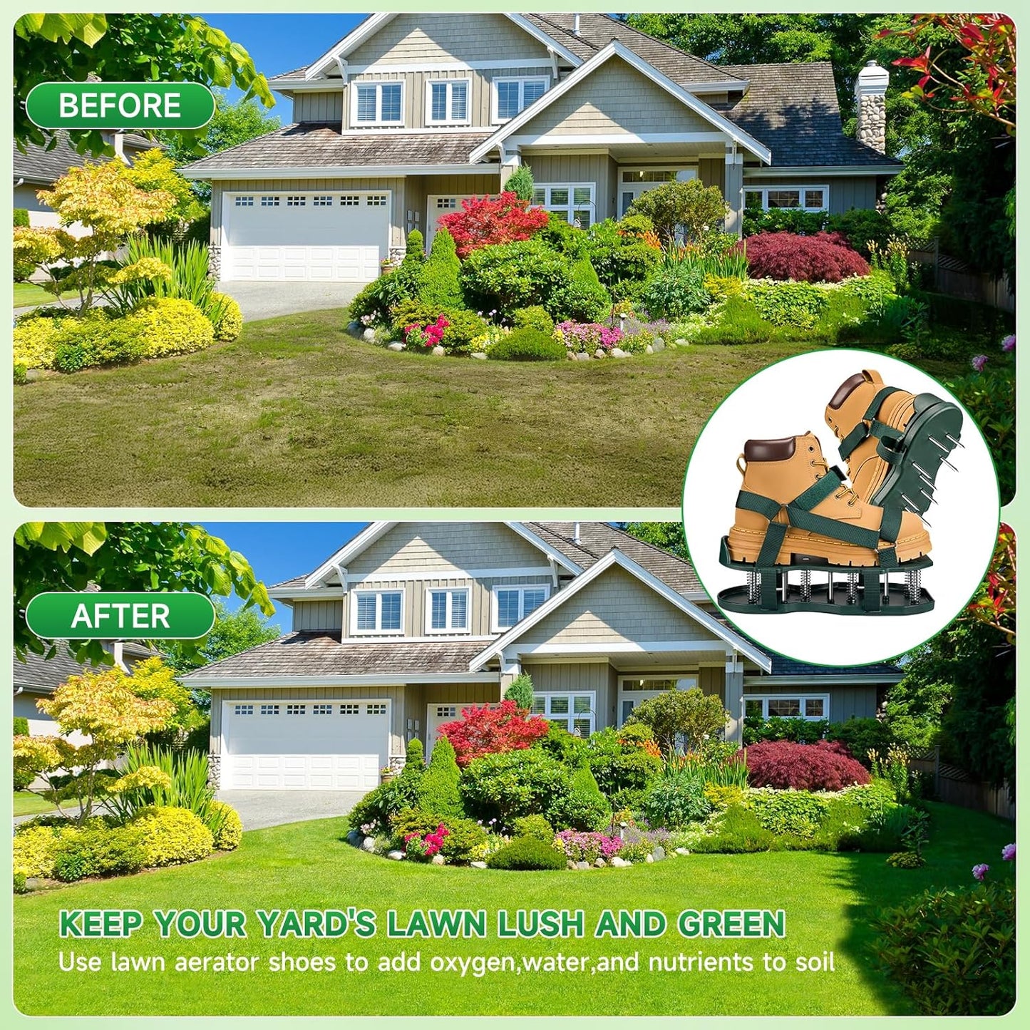 Gazonbeluchterschoenen met veerbasis, gratis installatie gazonbeluchter met automatische blad- en vuilreiniging, zware spike-schoenen voor gazononderhoud, verstelbare veters - perfect voor gazon, tuin