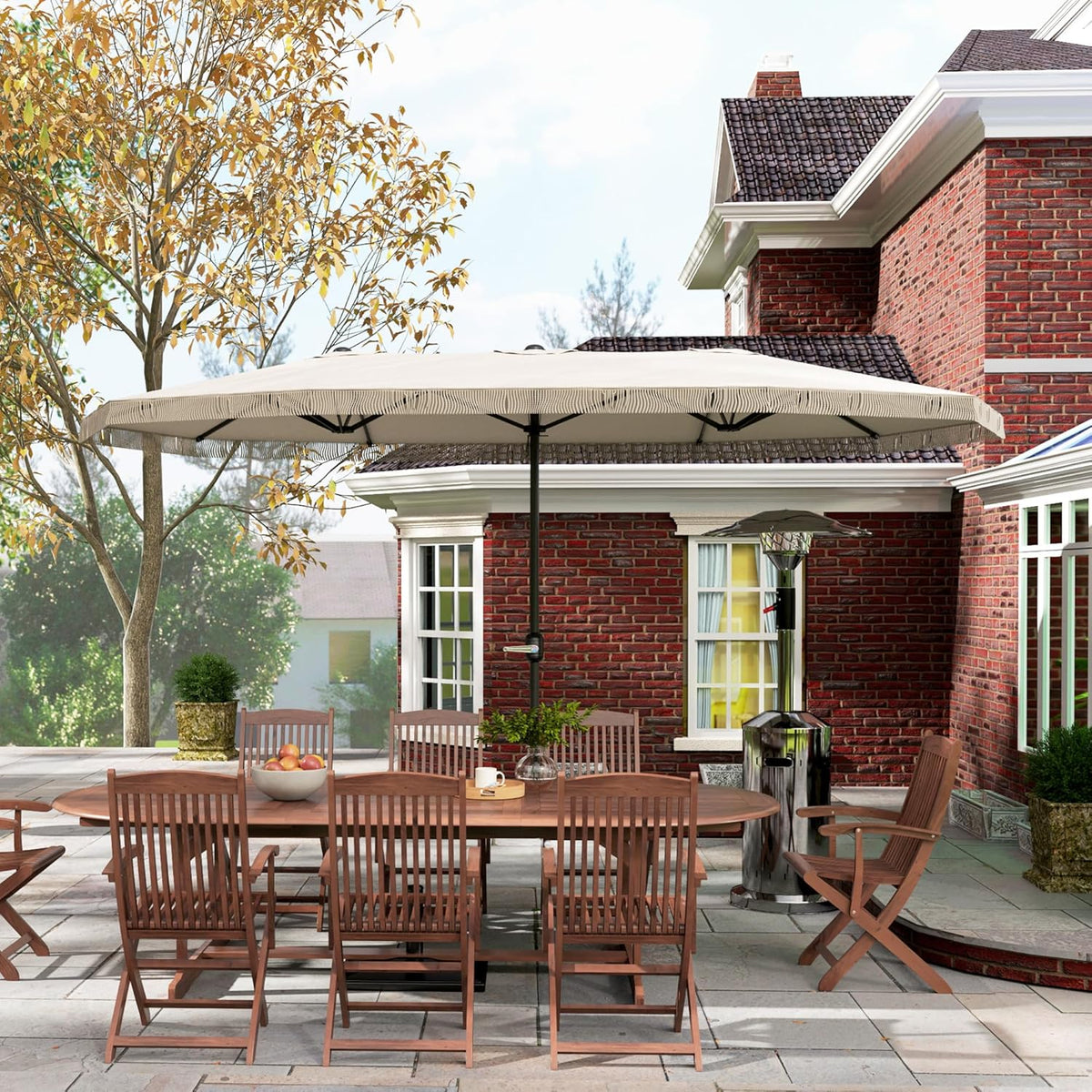Outsunny Garden Shade Double Rectangle 4.5 x 2.65 x 2.60 m with Crank and Fringes, 180 g/m², Parasol for Balcony, Pool, Patio, Cream - QUORE