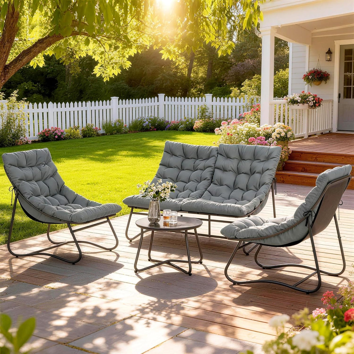 Outsunny Stahl Gartenmöbel Set 4 Persons wetterfest Balkonmöbel-Set mit 2er Sofa, Sessel Beistelltisch Sitzkissen Outdoor Sitzgruppe Terrassenmöbel Gartengarnitur für Garten Terrasse Balcony Grau