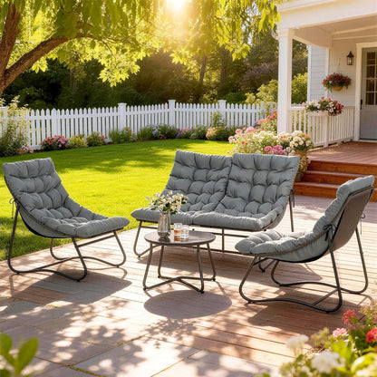 Outsunny Stahl Gartenmöbel Set 4 Persons wetterfest Balkonmöbel-Set mit 2er Sofa, Sessel Beistelltisch Sitzkissen Outdoor Sitzgruppe Terrassenmöbel Gartengarnitur für Garten Terrasse Balcony Grau