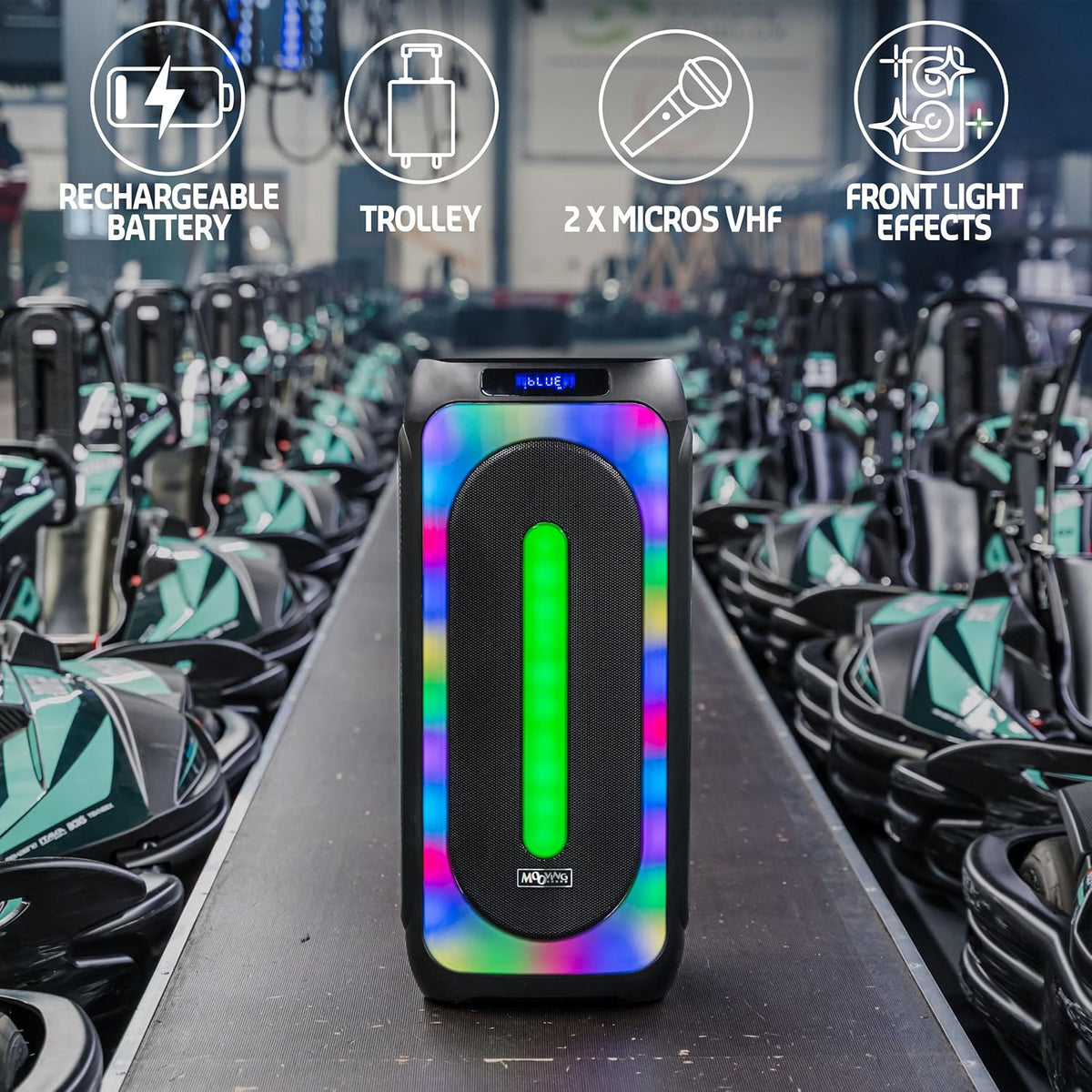 Mooving Sound - MS-MAGICSOUND1000-2x10"/1000W batterij gevoede luidspreker met lichteffect aan de voorzijde en 2 draadloze microfoons - Bluetooth/USB/AUX/MicroSD en TWS - Zwart