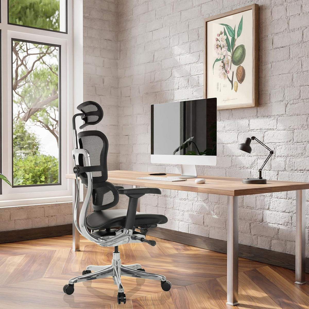 Ergonomische Bureaustoel – Kantoorstoel – Werkstoel – Gamestoel – Bureaustoel Verstelbaar – Flexibele Lendensteun – Lederen Gevoerde Zitting – Ademend Mesh Rug