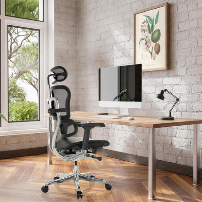 Ergonomische Bureaustoel – Kantoorstoel – Werkstoel – Gamestoel – Bureaustoel Verstelbaar – Flexibele Lendensteun – Lederen Gevoerde Zitting – Ademend Mesh Rug
