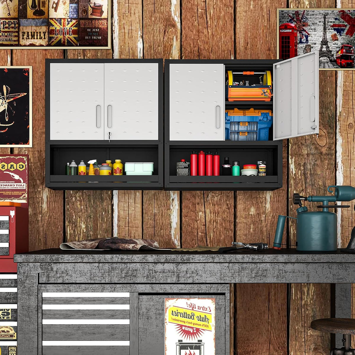 Garagewandkast met deuren en planken, metalen wandkast met open opbergruimte, hang-gereedschapskast voor garage en bijkeuken, zwart en grijs