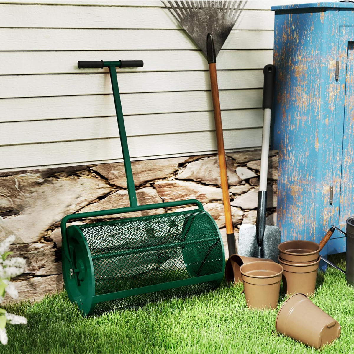 Outsunny Compost Spreader, 24" Peat Moss Spreader with Height Adjustable T Shaped Handle and Metal Mesh Basket, Garden Spreader for Seeding, Spreading Manure, Green - QUORE
