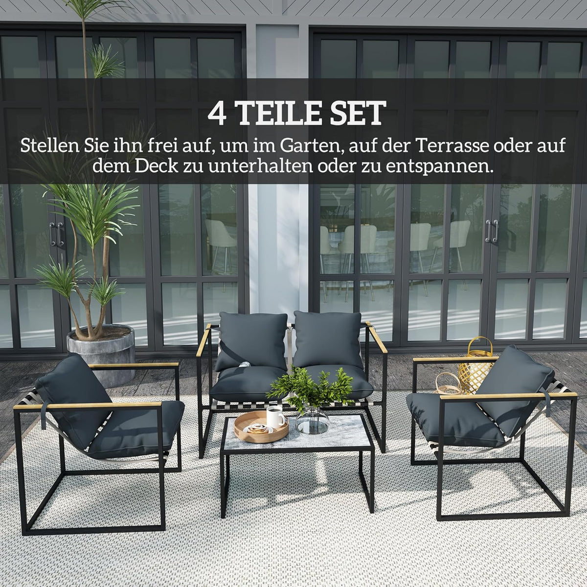 Balkonmeubelset – Tuinmeubelset – Lounge Set – Terrasmeubilair – 4-delig – Gepoedercoat Stalen Frame – 12 cm Dikke Comfortabele Kussens – Grijs