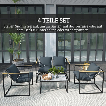 Balkonmeubelset – Tuinmeubelset – Lounge Set – Terrasmeubilair – 4-delig – Gepoedercoat Stalen Frame – 12 cm Dikke Comfortabele Kussens – Grijs