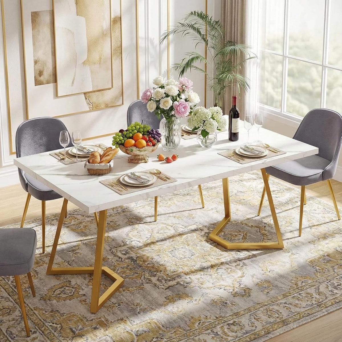 Lailang 140cm Eettafel, Oval Dining Table, Eetkamertafel Marmer, Eettafel 6 Personen, White Dining Table, 140 x 80 x 75 cm, White Gold