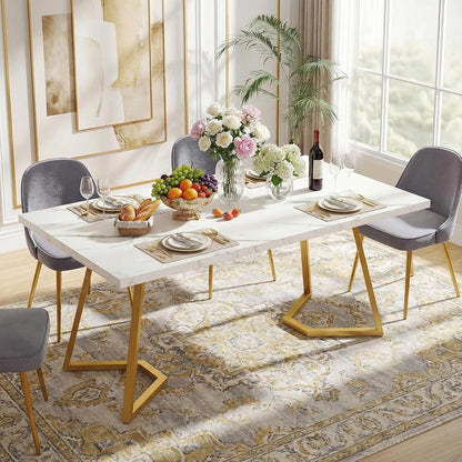 Lailang 140cm Eettafel, Oval Dining Table, Eetkamertafel Marmer, Eettafel 6 Personen, White Dining Table, 140 x 80 x 75 cm, White Gold