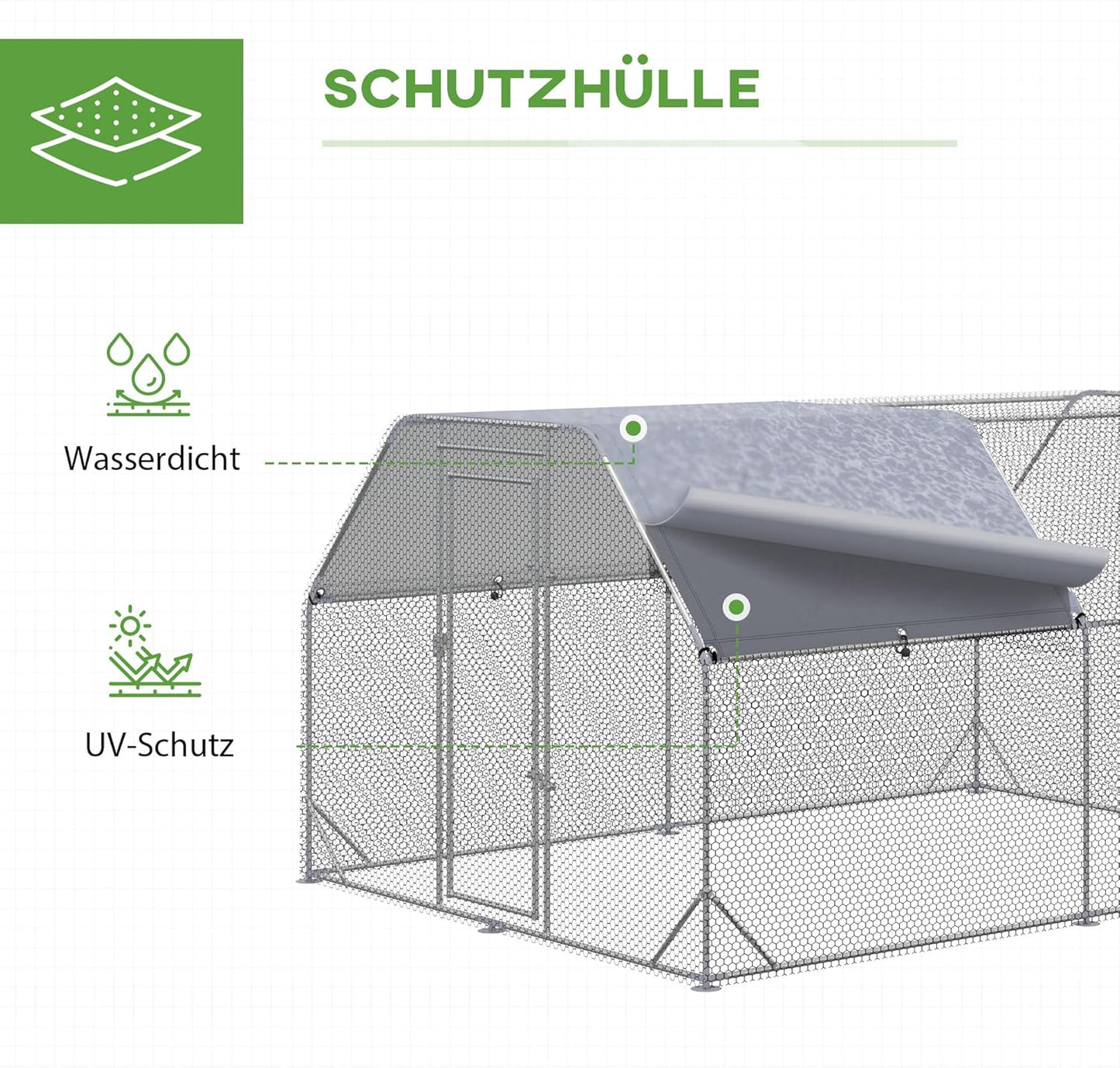 PawHut Chicken Coop with Run, 280 x 380 x 195 cm Chicken Cage with Door, Chicken Coop with Water Resistant Sunroof, Poultry House for 10-12 Chickens, Oxford, Silver - QUORE
