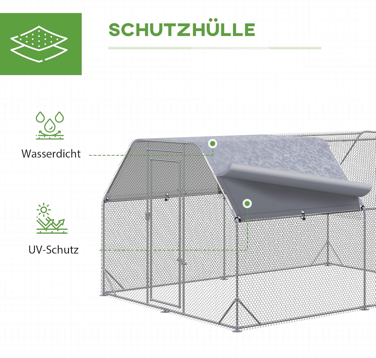 PawHut Chicken Coop with Run, 280 x 380 x 195 cm Chicken Cage with Door, Chicken Coop with Water Resistant Sunroof, Poultry House for 10-12 Chickens, Oxford, Silver - QUORE