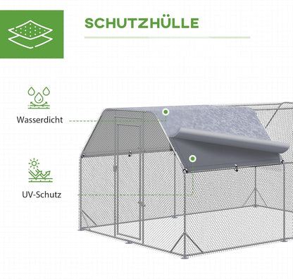 PawHut Chicken Coop with Run, 280 x 380 x 195 cm Chicken Cage with Door, Chicken Coop with Water Resistant Sunroof, Poultry House for 10-12 Chickens, Oxford, Silver - QUORE