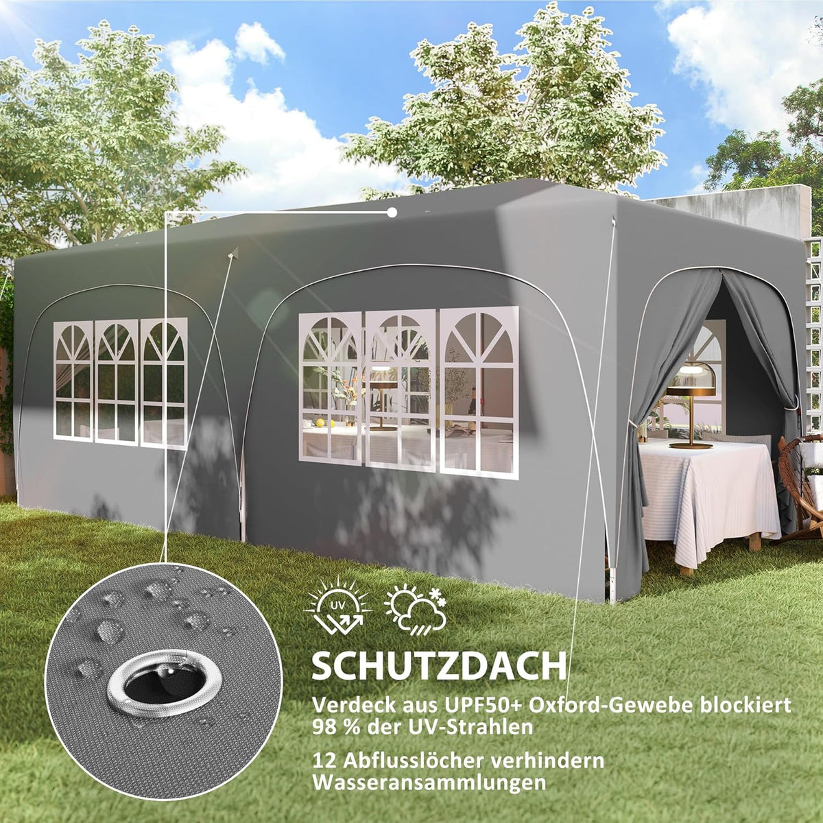 Outsunny Pavillon approx. 3x6m, wasserabweisend Stabil Winterfest Pop-up Faltpavillon, UV Schutz 50+, Faltbar Partyzelt Gartenzelt mit 6 Seitenteilen Tasche Gartenpavillon für Camping Garten, Hellgrau - QUORE