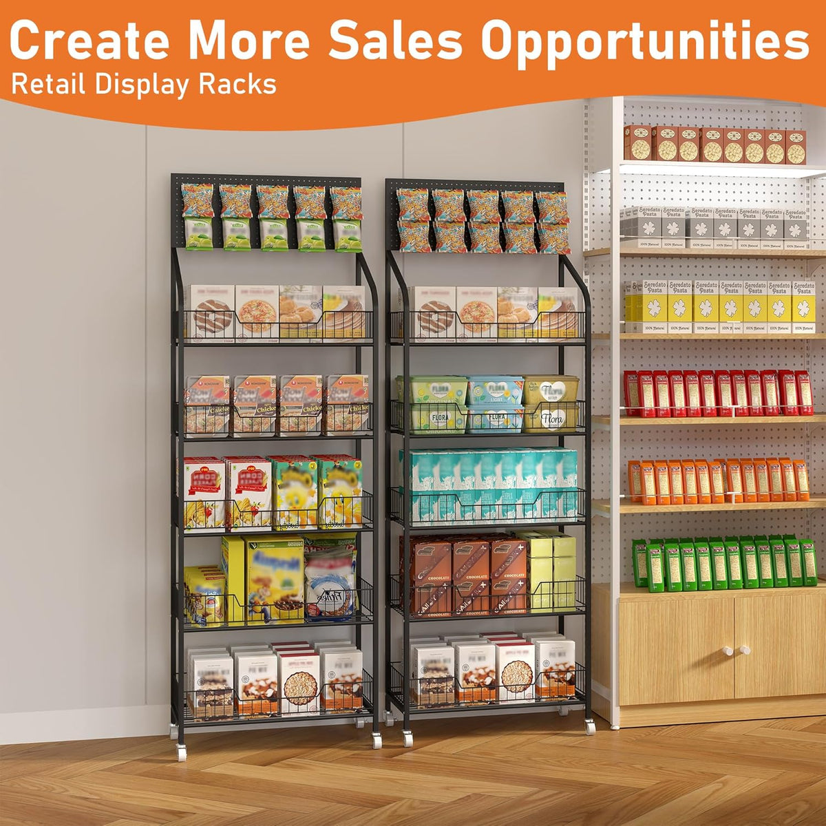 5-Laags Displayrek Op Wielen – Opbergrek – Winkelrek – Presentatierek – Snackrek – 60 X 27 X 170 Cm – Metalen Frame Met 10 Afneembare Haken