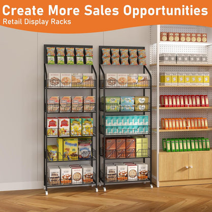 5-Laags Displayrek Op Wielen – Opbergrek – Winkelrek – Presentatierek – Snackrek – 60 X 27 X 170 Cm – Metalen Frame Met 10 Afneembare Haken