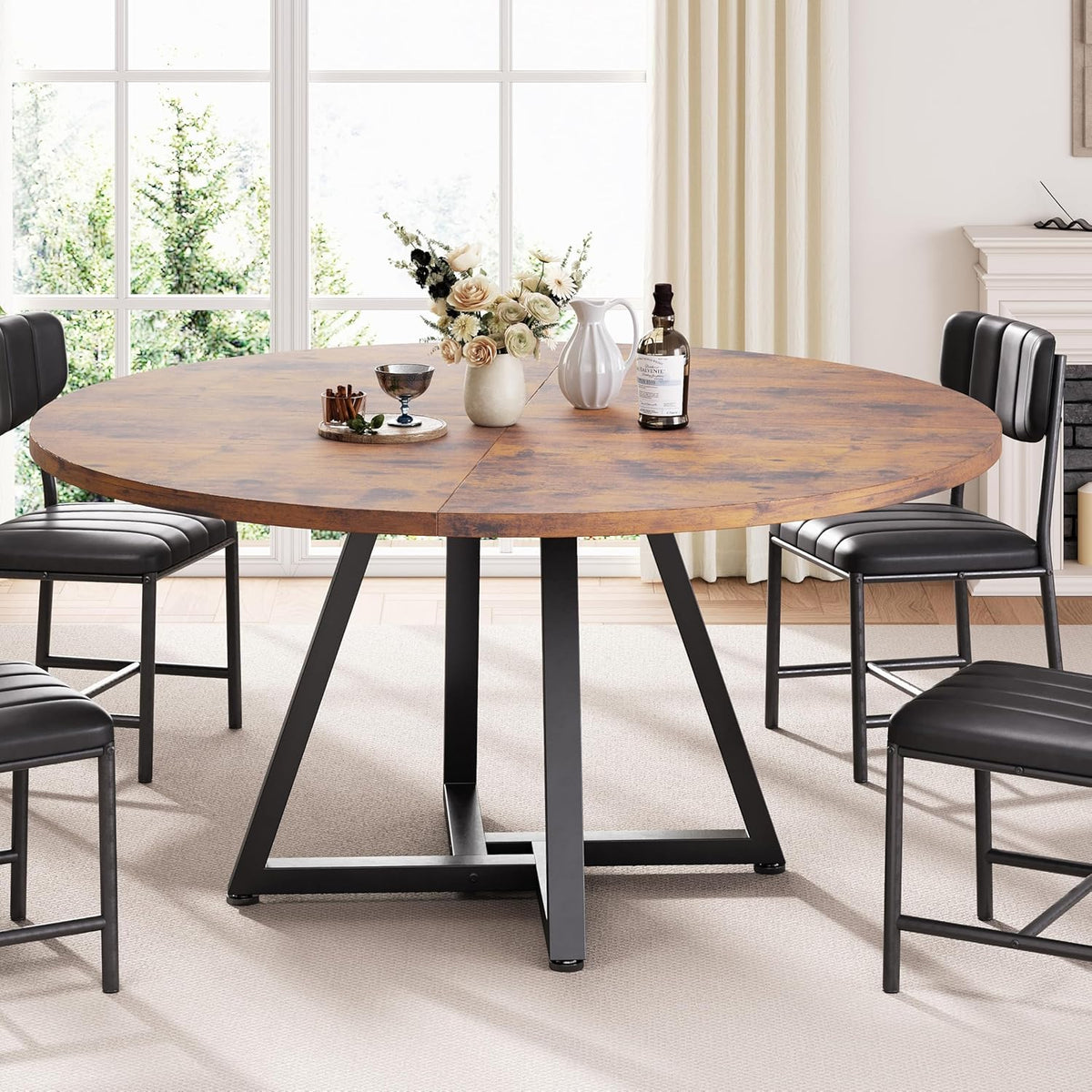 Ronde keuken eettafel voor 2-4 personen, cirkel eettafel met metalen frame, ruimtebesparende houten industriële meubels (vintage, 42 inch