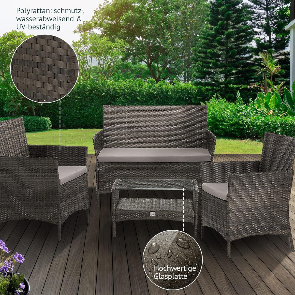 SVITA Brooklyn Garden Furniture Poly Rattan Dining Set Lounge Set Grey - QUORE