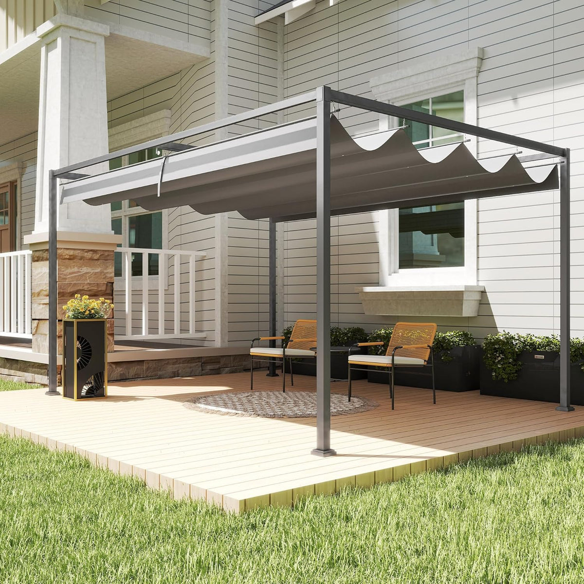 Pergola – Tuinpaviljoen – Overkapping – Terrasoverkapping – Vrijstaand – Schuifdak – Staal Met Poedercoating – Water- En UV-Bestendig Polyesterdak – 400x300x222 cm