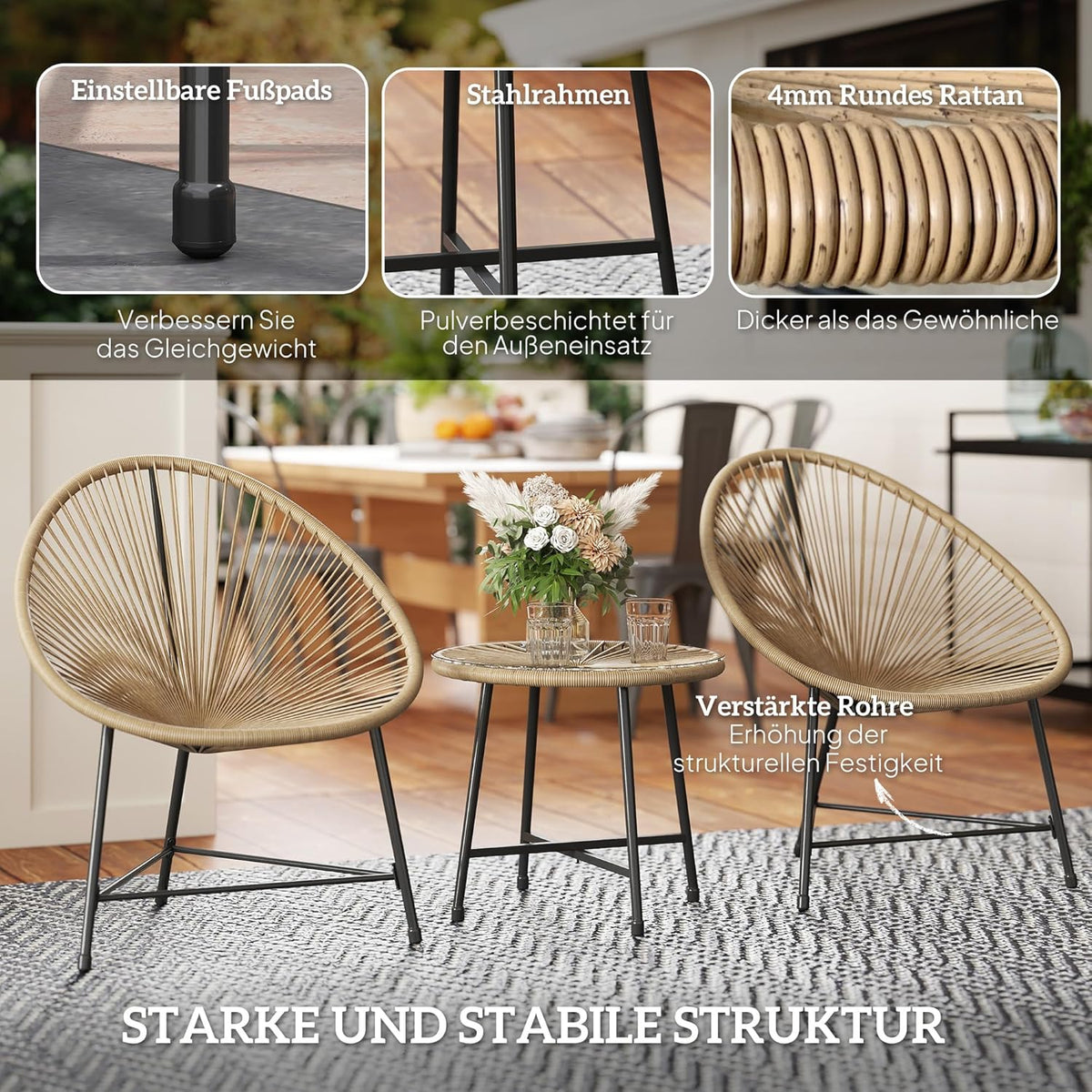 Outsunny Polyrattan Gartenmöbel Set, Outdoor Lounge Balcony for 2 Persons, 3-teilig Sitzgruppe mit 2 Stühle, Tisch, wetterfest Gartenlounge für Garten, Terrasse Balcony, Naturholz - QUORE